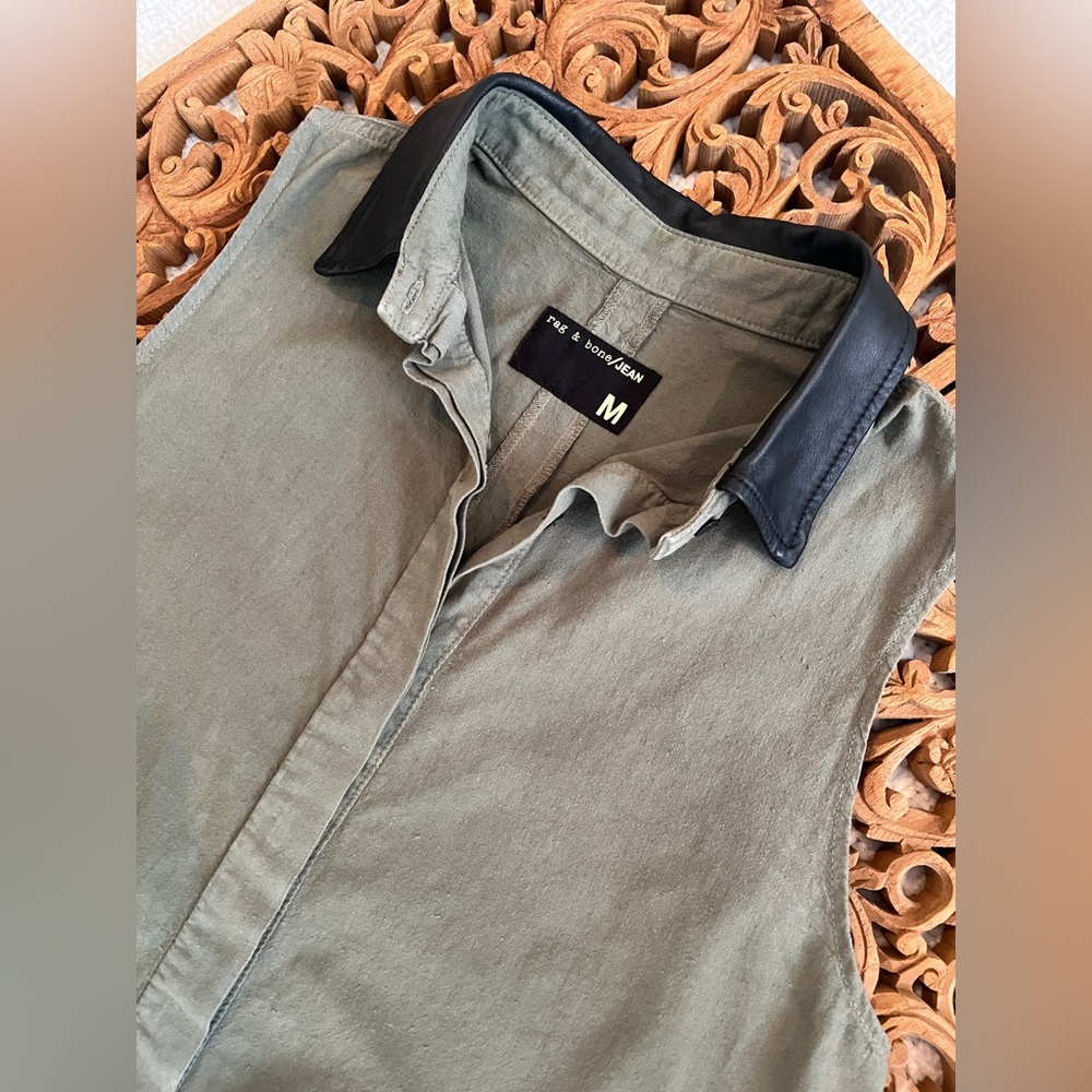 rag & bone Top Sleeveless Buttonfront Leather Collar Olive Green & Black SZ M